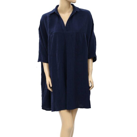 Rhode Resort Leo Cotton Gauze Kaftan Mini Dress Navy Oversized XS New 210702